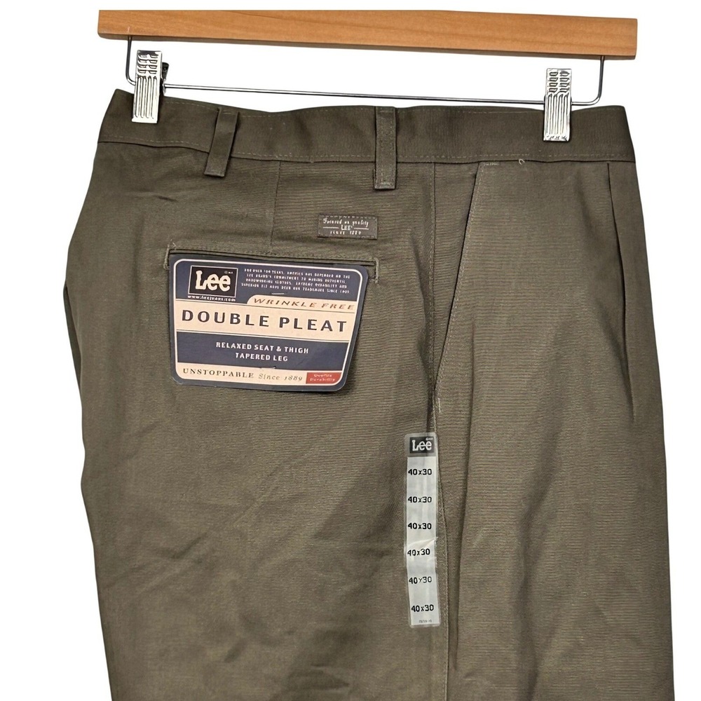 Lee Pants Mens 40x30 Khaki Green Double Pleat Relaxed Fit Tapered Leg Casual - Picture 2 of 9
